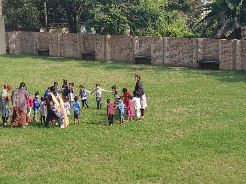Playpen pupils on the school field